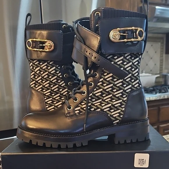 Versace | Shoes | Versace Black And White Combat Boots With  display picture 1